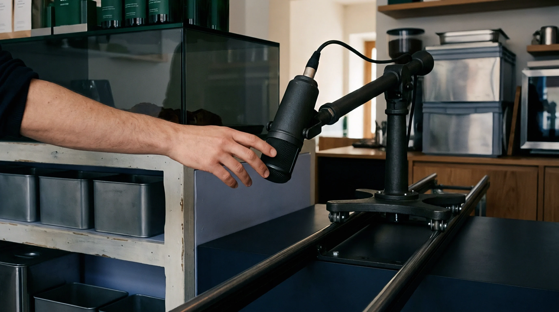 A human hand adjusts a metal microphone mounted on a sliding mechanical arm within a commercial retail merchandising workspace.