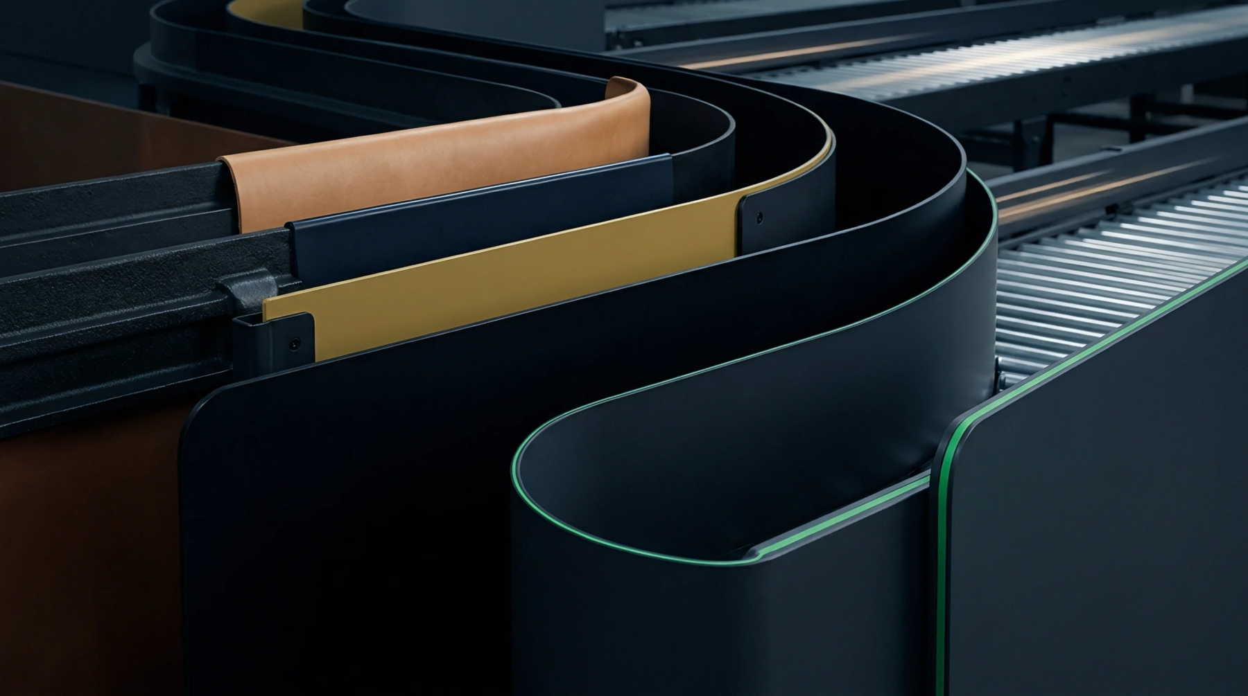 Rendered industrial routing guides feature nested metallic channels fitted with leather and polymer trims along a manufacturing distribution line.