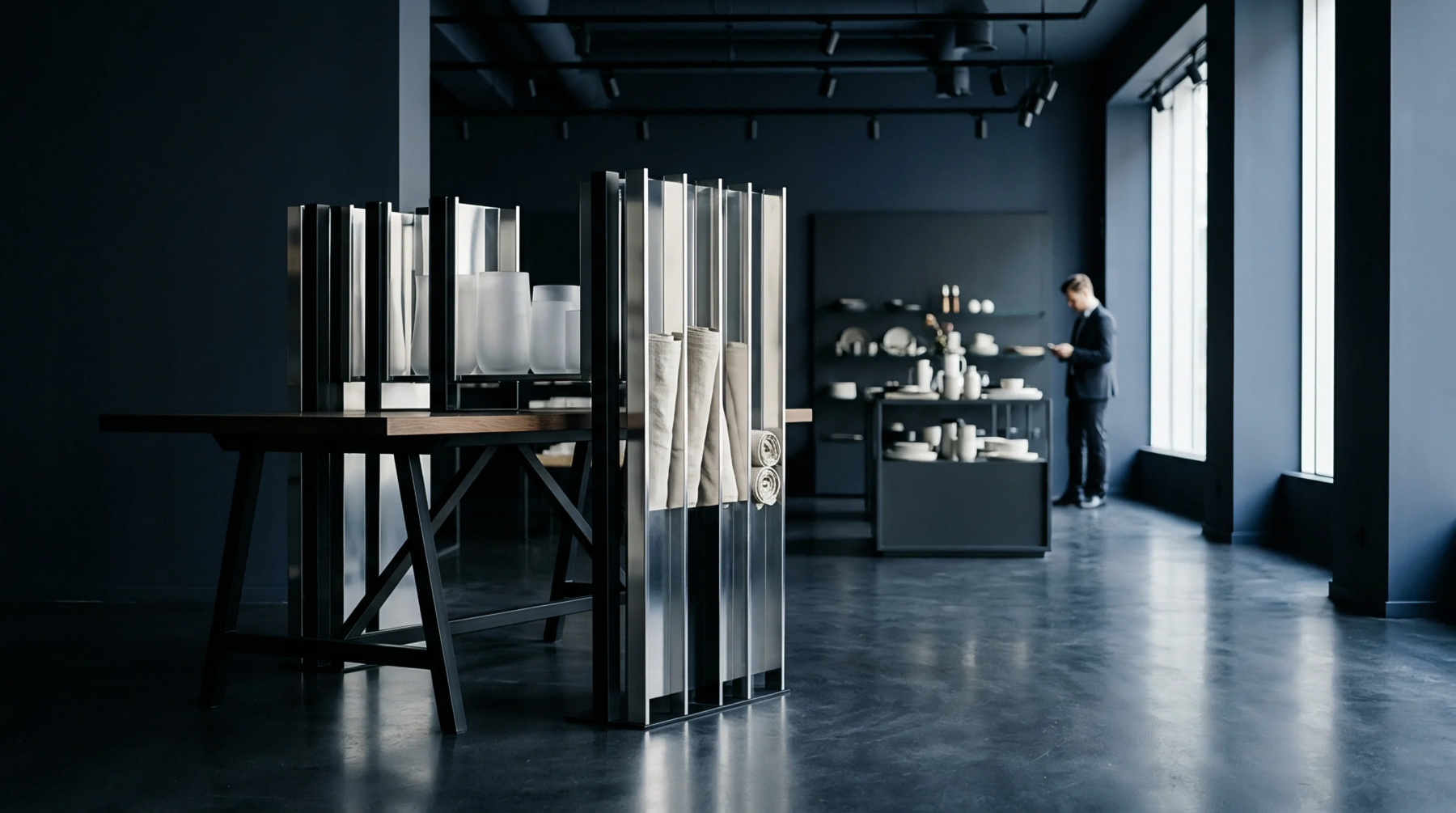 Metallic modular partitions and a wooden trestle table stand within a dark grey showroom featuring ceramic merchandise and a suited professional.