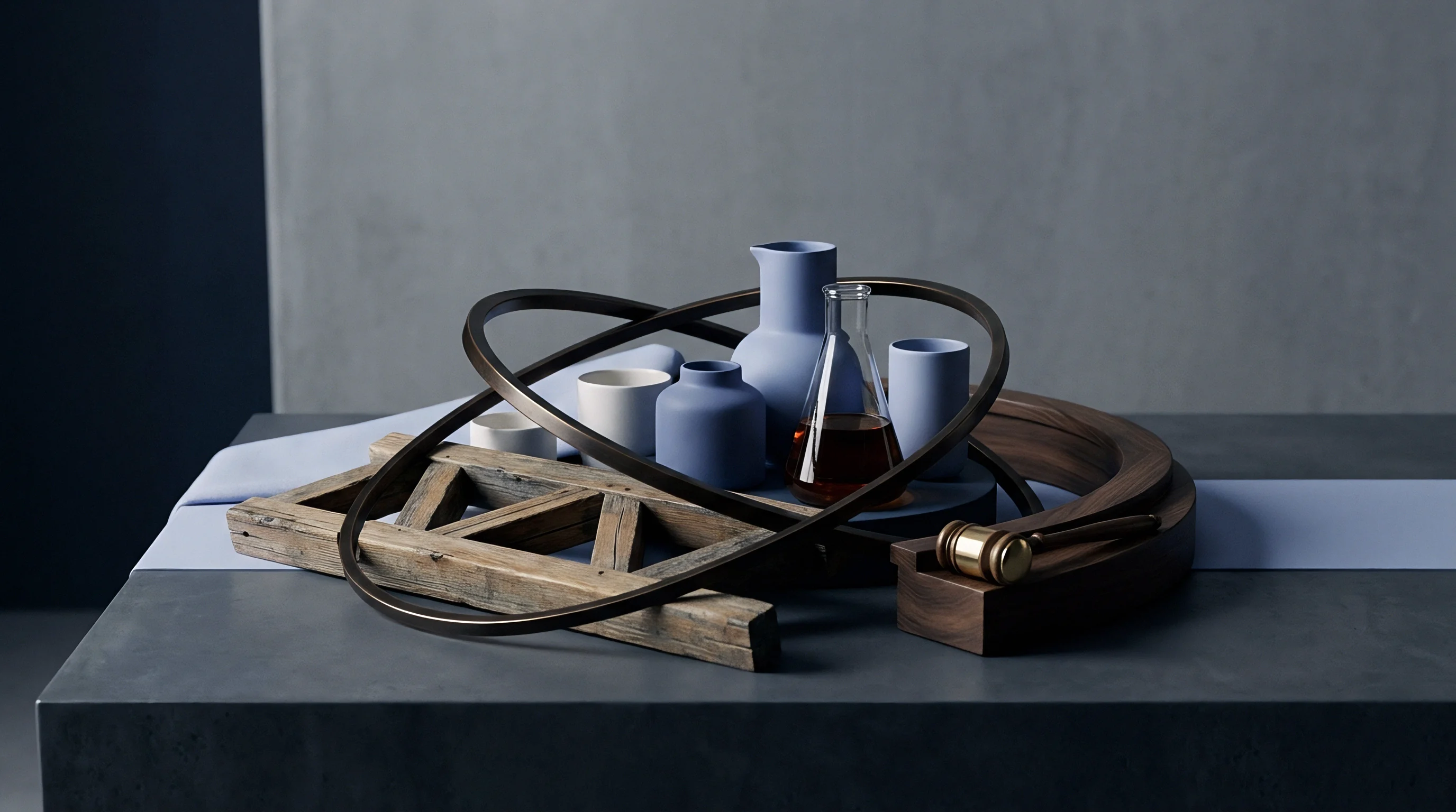 Ceramic vessels and glassware rest among curved wooden elements and structural timber components on a neutral industrial display surface.