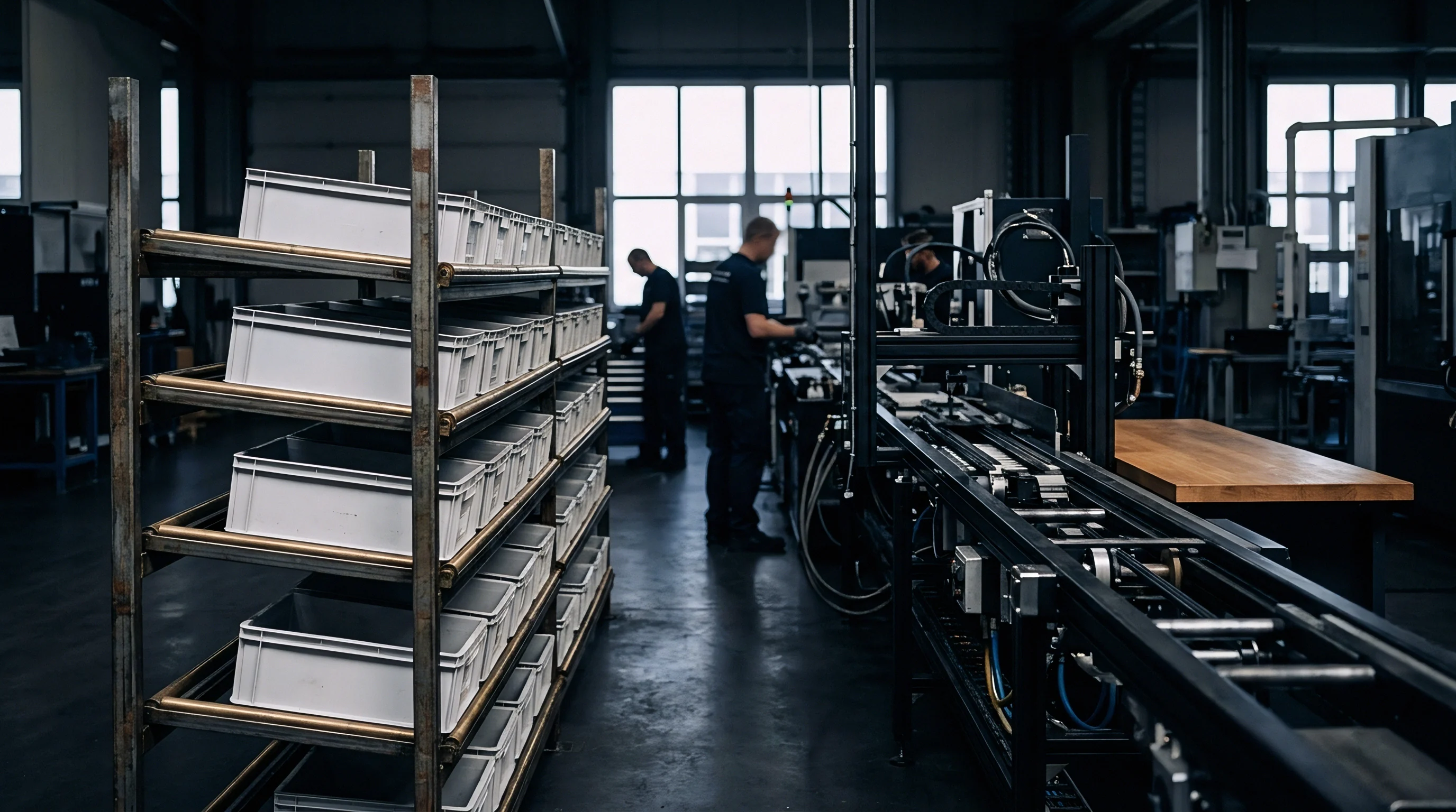 Workers operate industrial equipment adjacent to metal racking filled with stacked plastic storage totes in a dimmed production facility.
