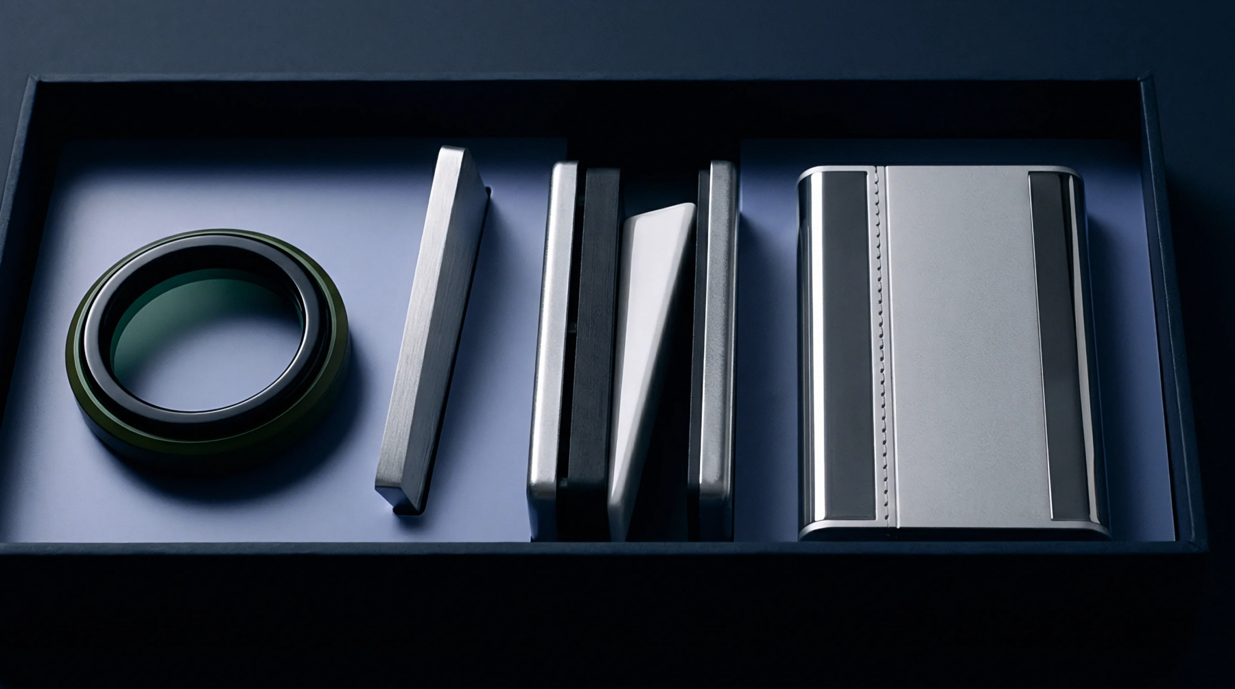Precise industrial components including a green circular lens and metallic slabs sit within a dark blue box featuring custom form fit inserts.