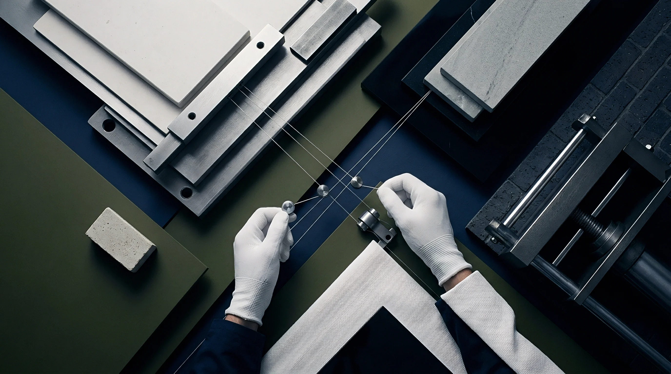 Gloved hands manipulate tensioned alignment wires above layered surface material samples and mechanical fixtures on a dark workspace table.