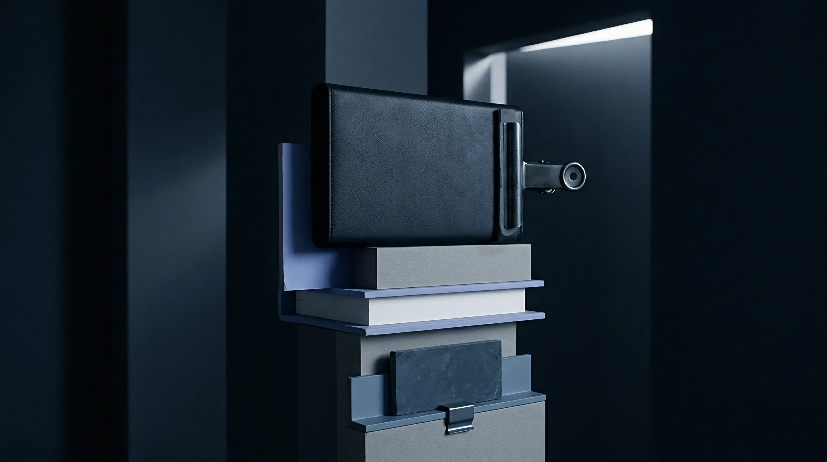 A leather notebook rests atop layered architectural blocks and geometric partitions in this three dimensional digital render of high end retail display components.