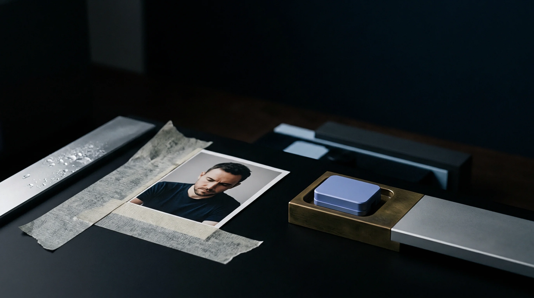 A framed portrait photograph of a man is taped onto a dark surface alongside metallic components and a small blue object within a housing.