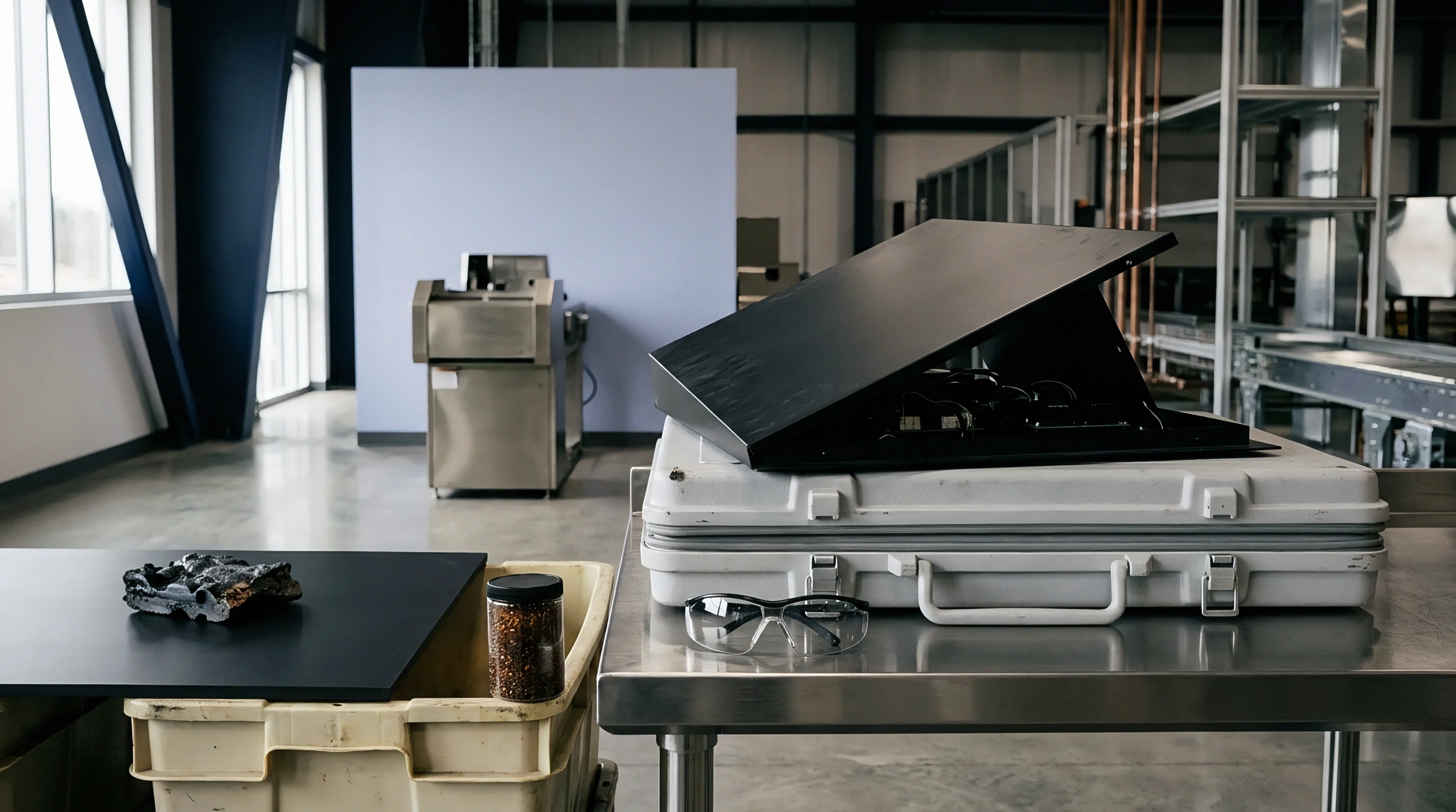 Protective eyewear and a wired electronic assembly rest on a reinforced carrying case atop a stainless steel workbench inside a manufacturing facility.