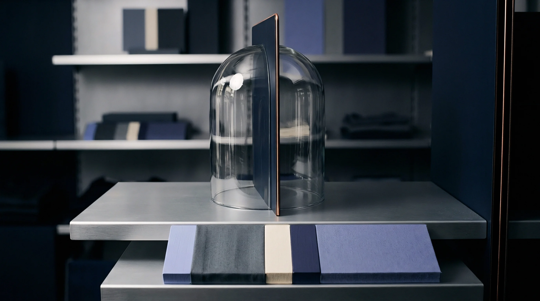 A glass cloche covers a vertical divider resting on a metallic merchandise shelf above stacked color swatches inside a retail display unit.