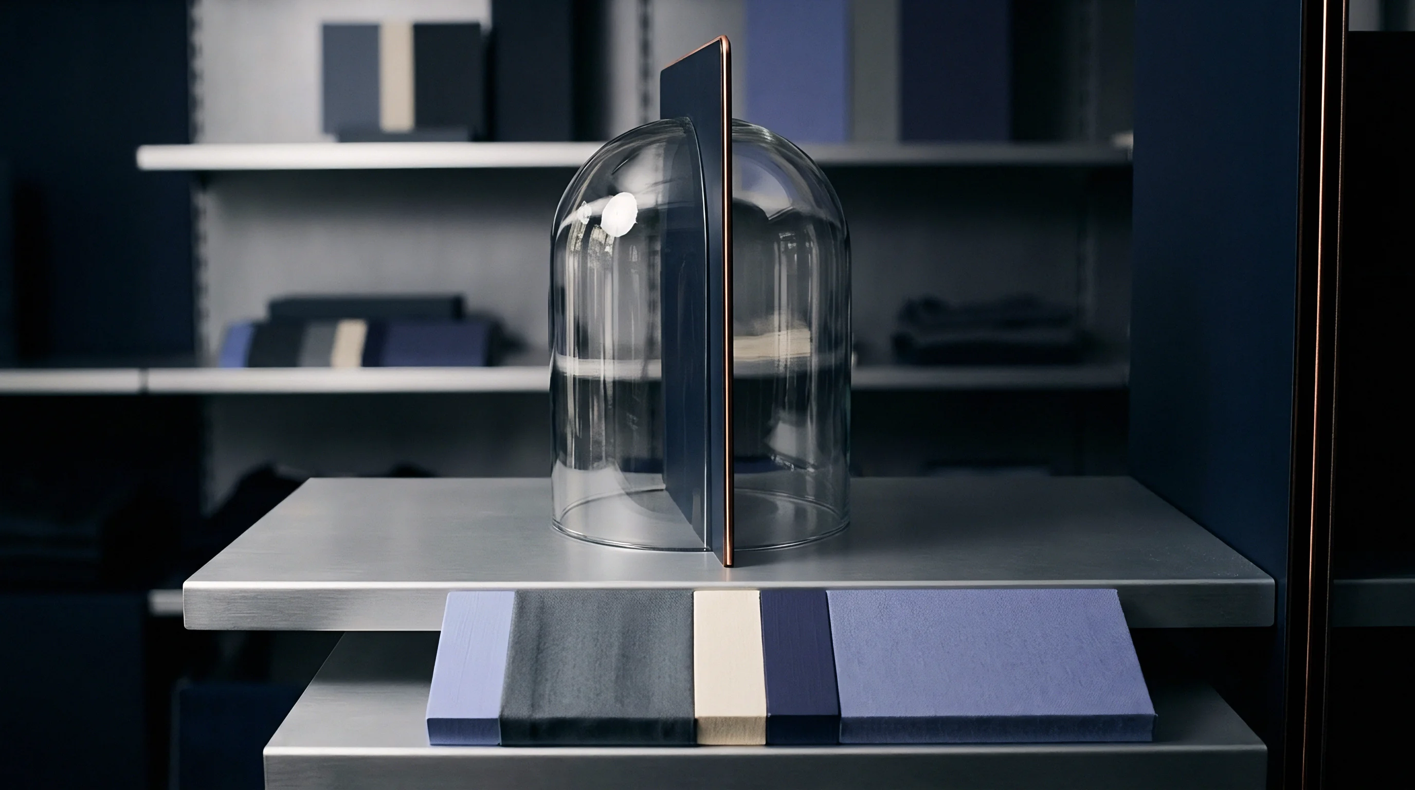 A glass cloche covers a vertical divider resting on a metallic merchandise shelf above stacked color swatches inside a retail display unit.