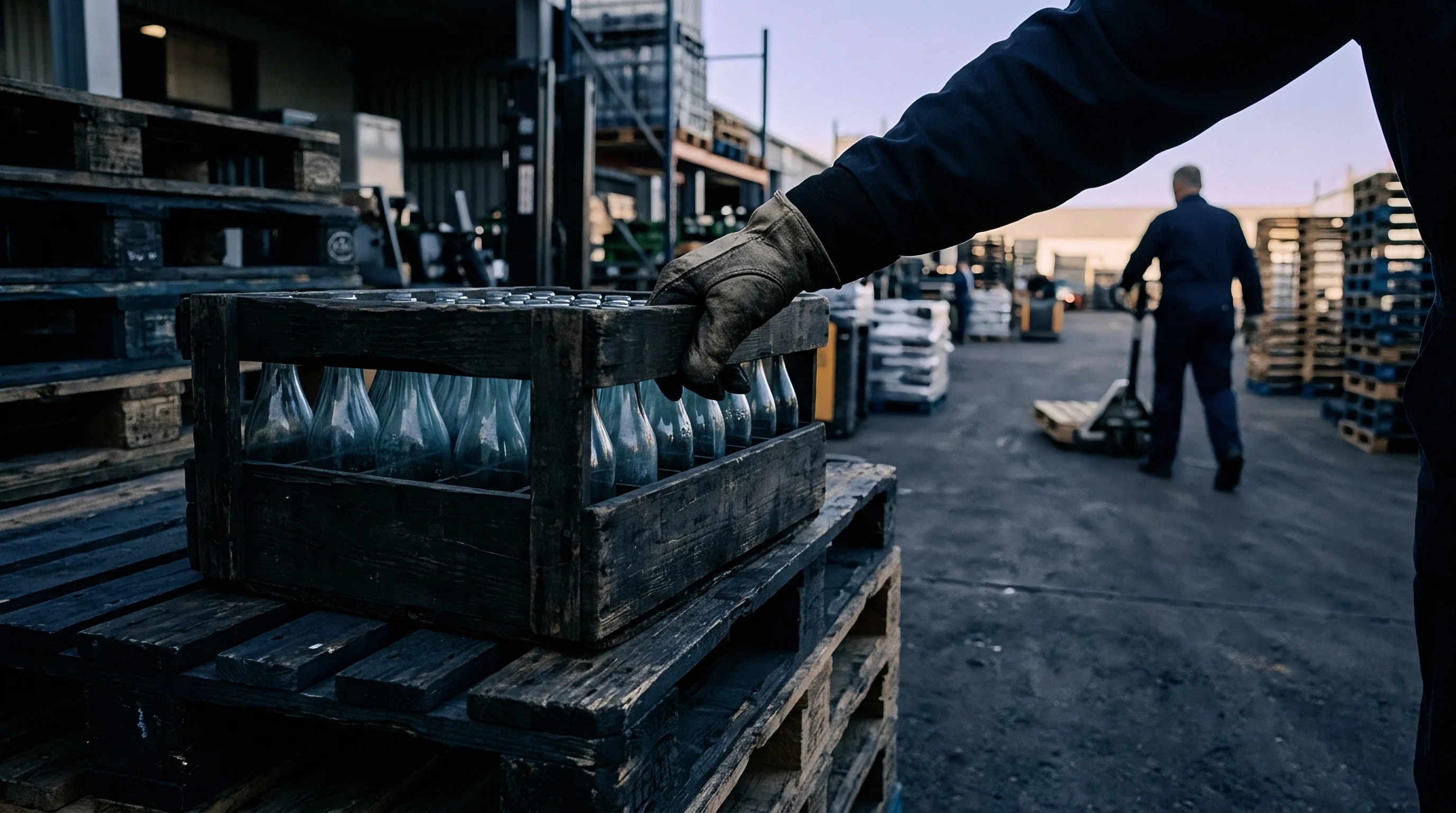 A gloved hand lifts a wooden crate of empty glass bottles from a pallet in an outdoor industrial warehouse yard.