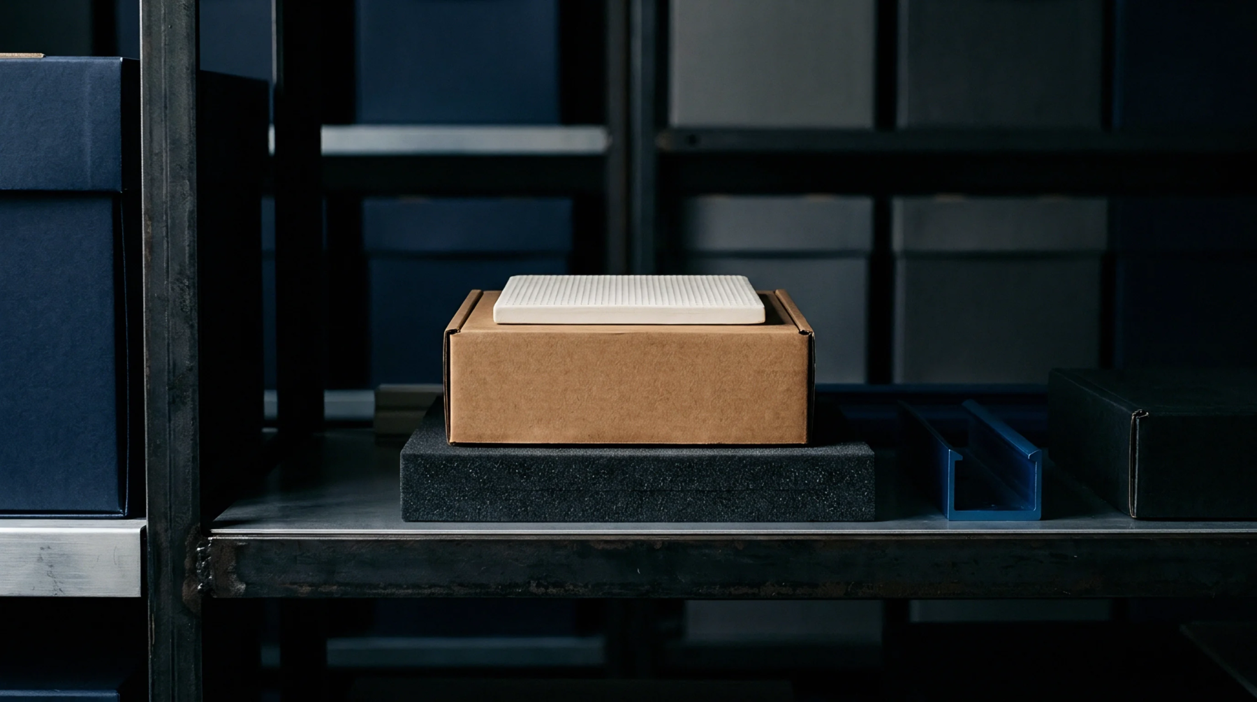 A corrugated cardboard box rests on a dense foam sheet within a heavy steel storage shelf unit inside a distribution facility.