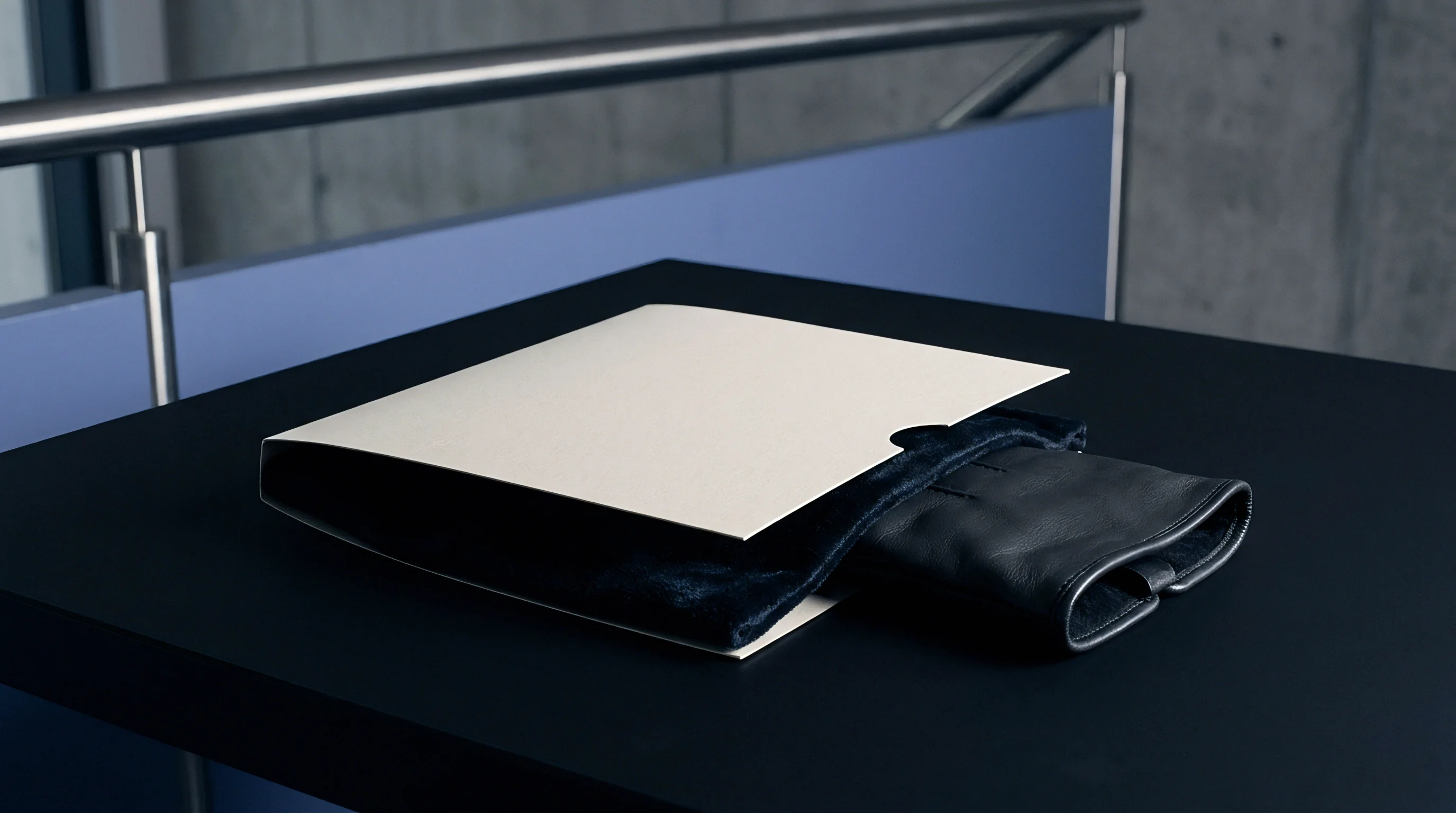 A rigid paper packaging sleeve rests on a dark surface while partially containing a folded textile sample inside a modern interior.