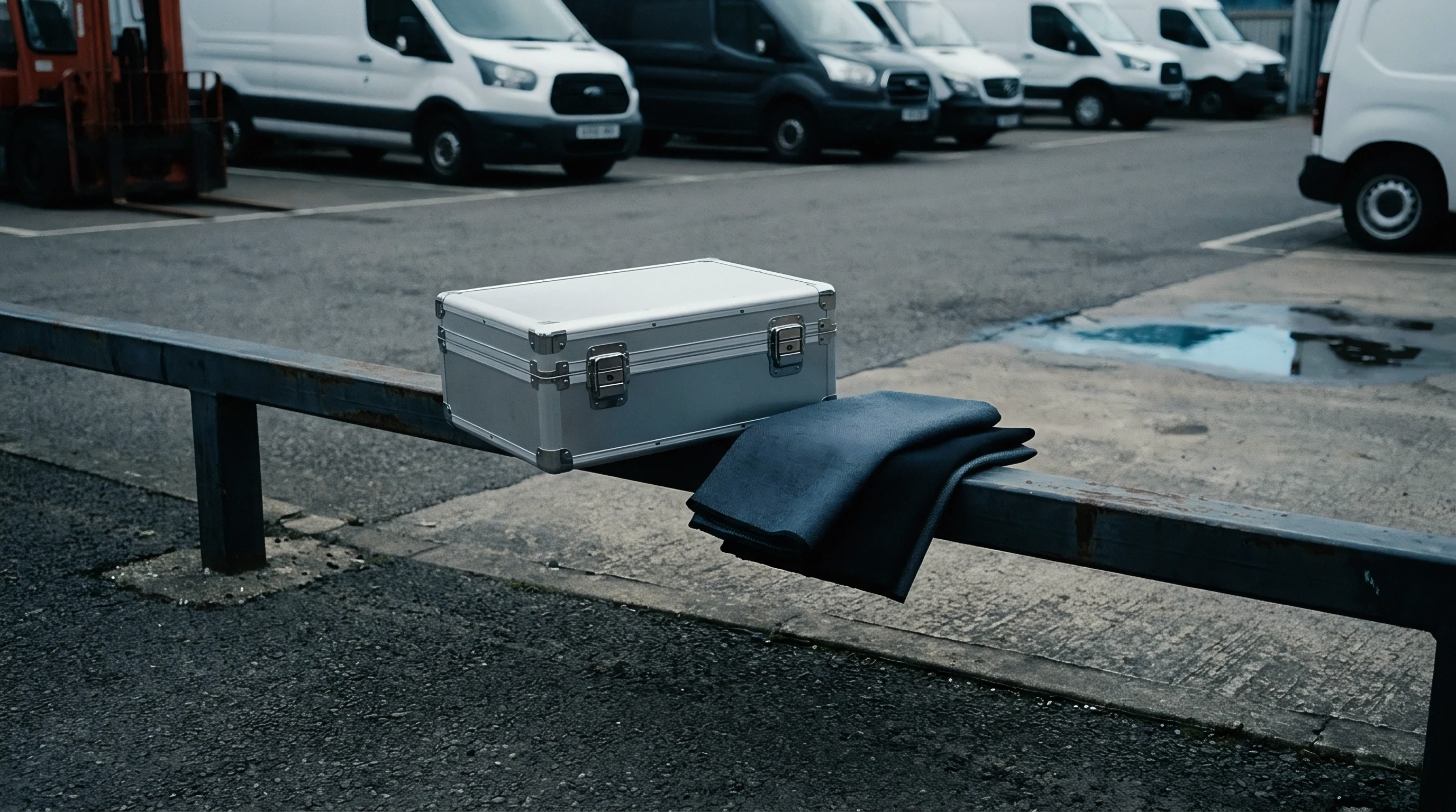 A metal equipment case and folded dark fabric rest upon a steel security barrier within an industrial commercial vehicle logistics depot.