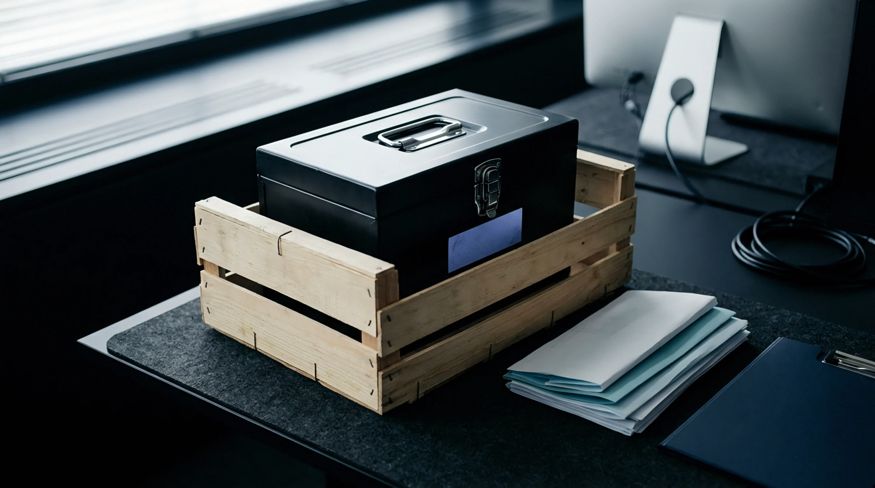 A black steel security box nests securely inside a slatted wooden transport crate upon an office workspace.