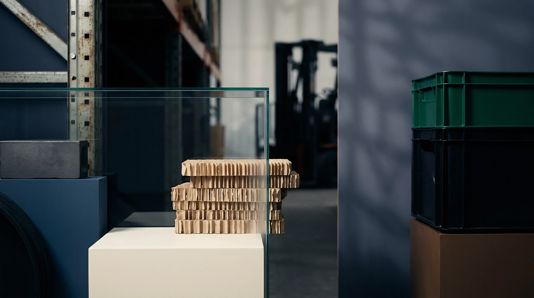Layers of textured honeycomb paperboard sit protected inside a glass display case positioned within a busy industrial warehouse storage facility.