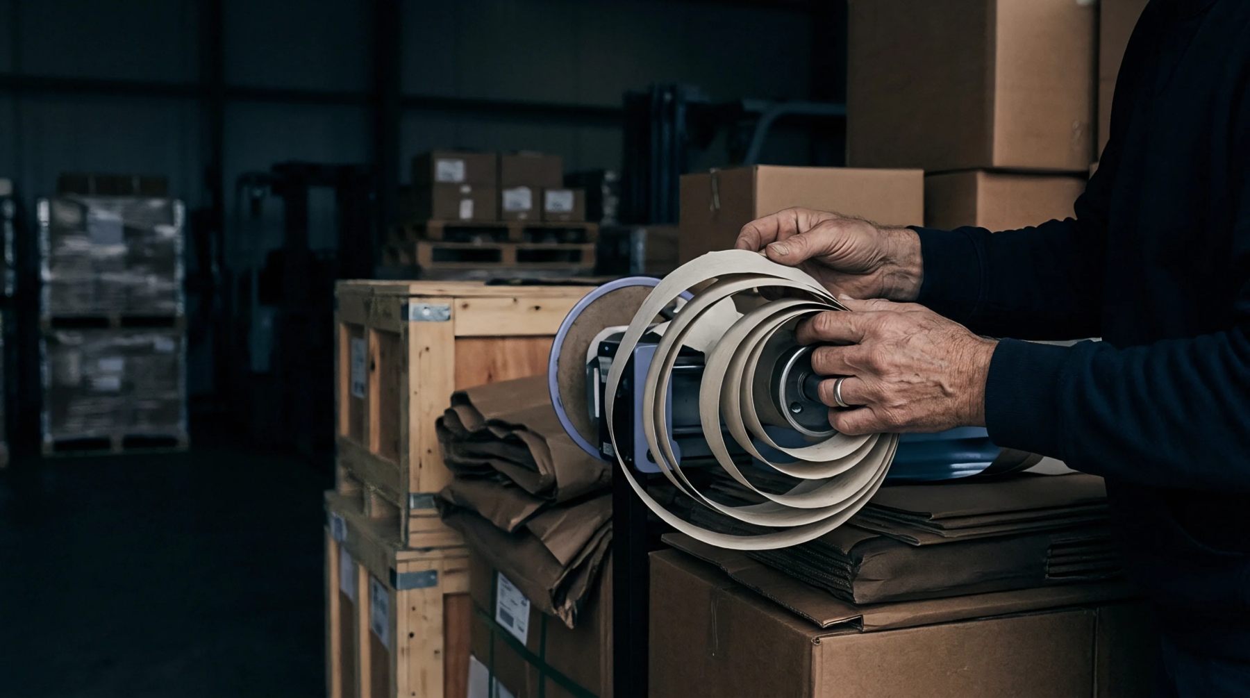 A worker handles continuous protective paper packaging material at a dispensing machine inside a dimly lit industrial distribution warehouse.