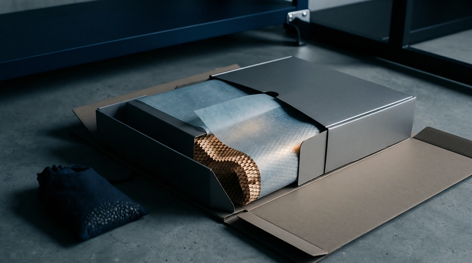 A corrugated cardboard box rests open on a concrete floor containing expandable honeycomb paper cushioning and a dark fabric pouch.
