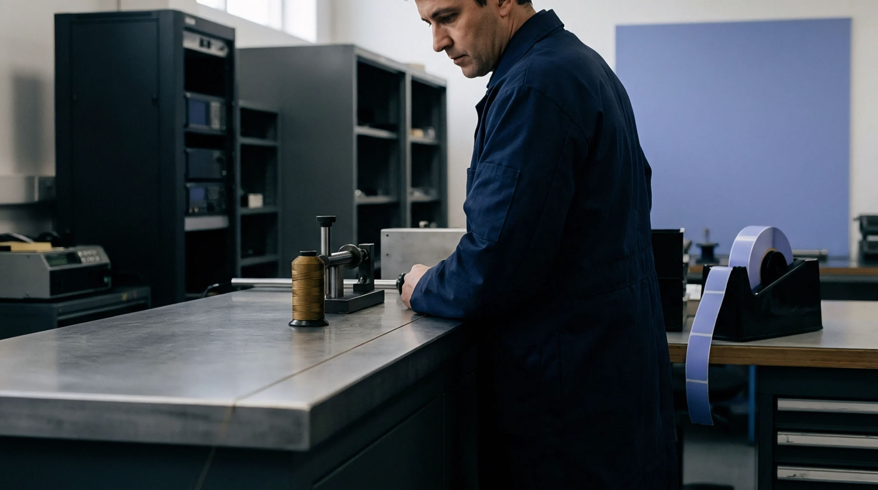 An operator in a dark work coat organizes metal components and adhesive labels at a steel workbench within a sterile production facility.