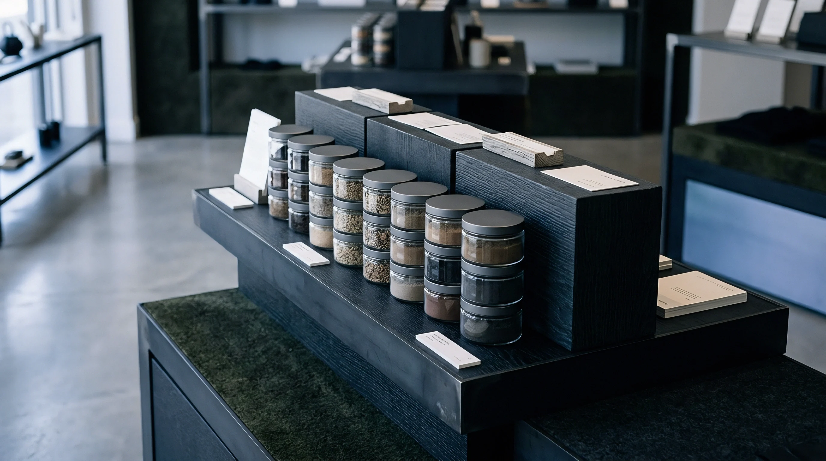 Glass jars filled with botanical products stand on tiered black wooden risers atop a retail display counter inside a modern commercial store.