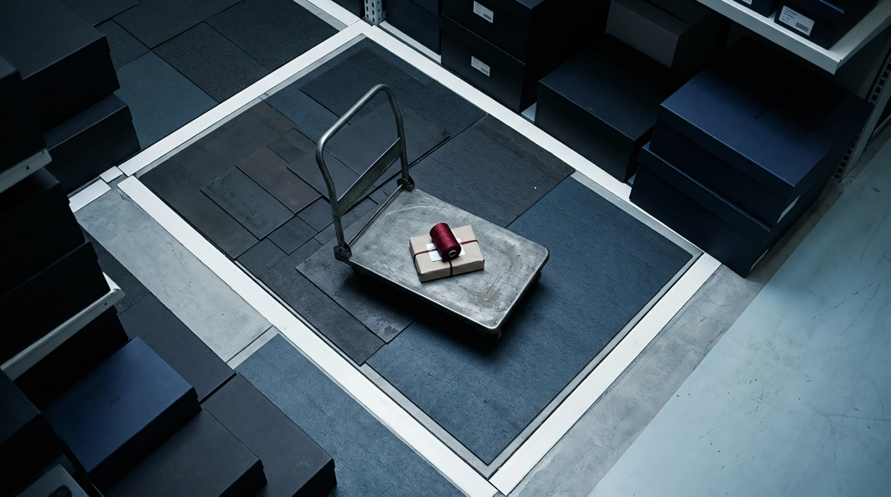 A metal hand truck holding a small wrapped parcel and thread spool rests on dark flooring tiles inside a distribution warehouse.