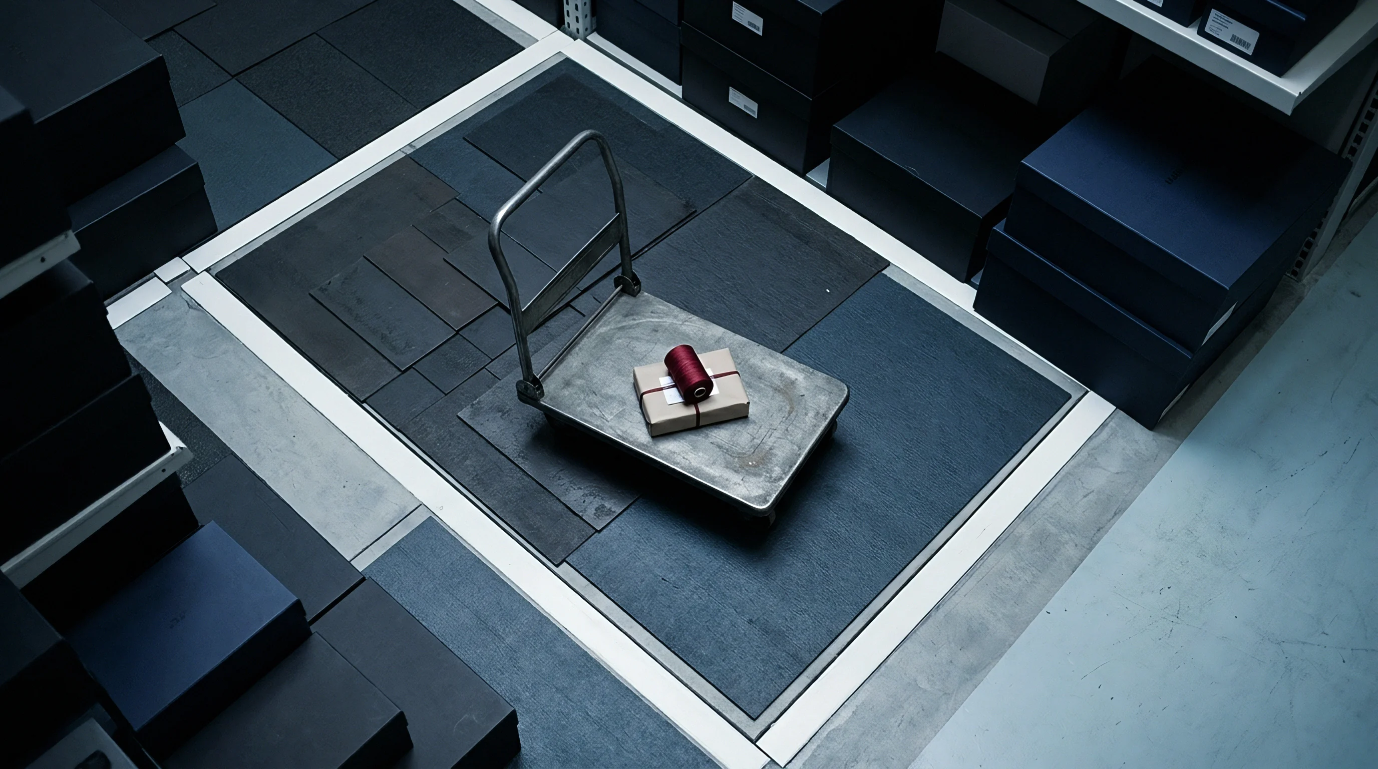 A metal hand truck holding a small wrapped parcel and thread spool rests on dark flooring tiles inside a distribution warehouse.
