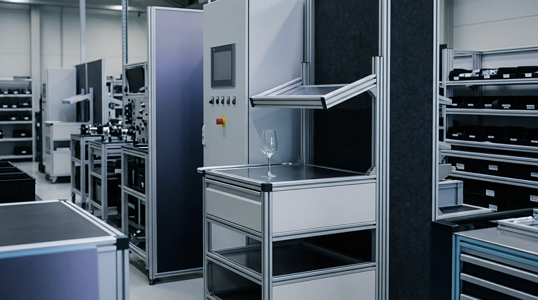 A single stemmed wine glass rests upon a modular aluminum workstation within a clean production environment featuring adjacent industrial shelving units.